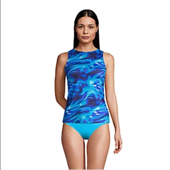 Land’s End Plus Standard Size high neck tankini top electric blue swirl bra Var - Picture 4 of 11